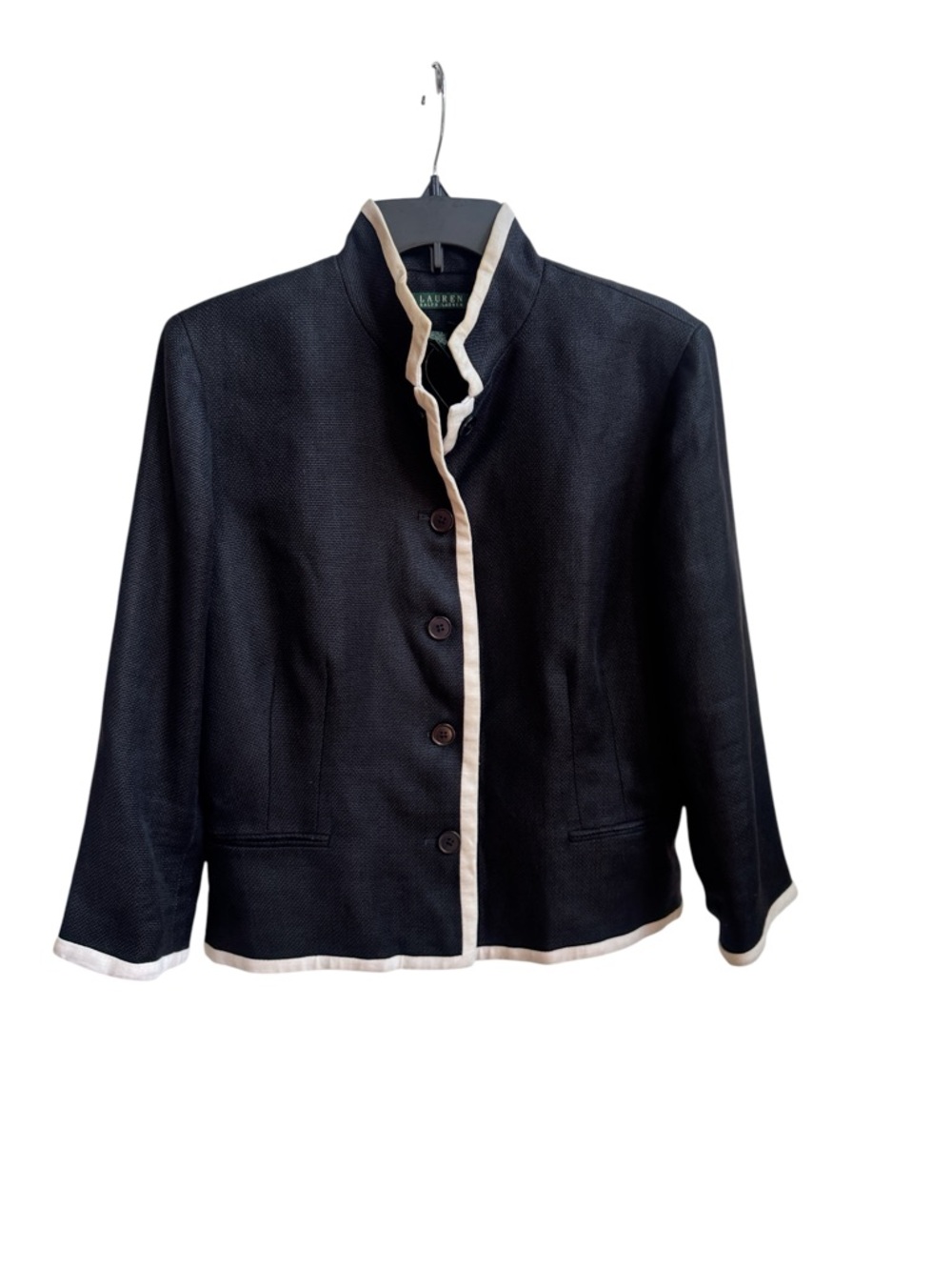 RALPH LAUREN WOMENS BLACK LINEN JACKET / BLAZER WHITE TRIM SIZE 14 Fully lined